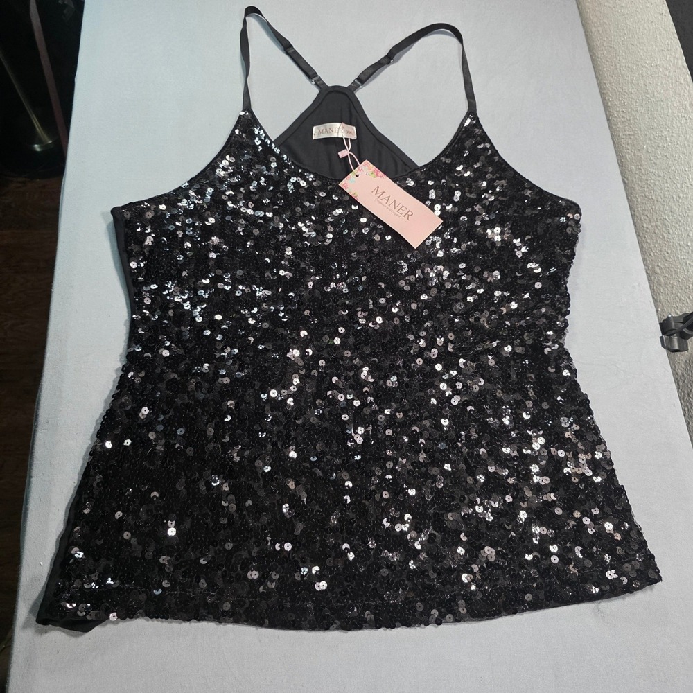 MANER Women XXL Black Sequin Cami Top Adjustable Strap Racerback Party Blouse